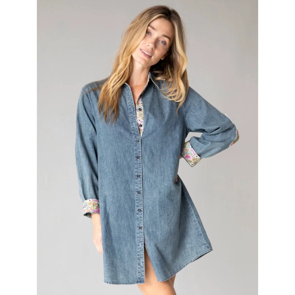 NATURAL LIFE Blue Denim Mini Dress with Floral Accents - Picture 2 of 9